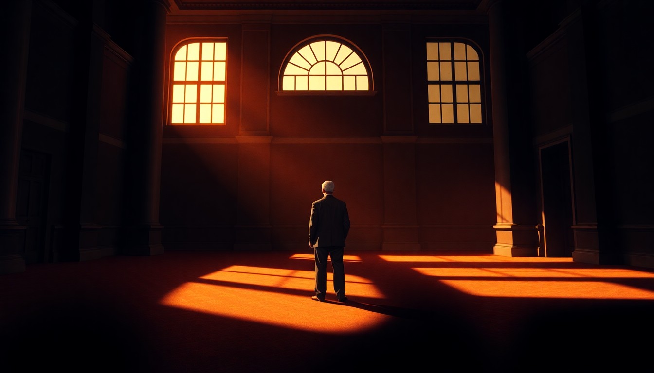 A solitary figure in a dimly lit government office, with warm sunlight casting deep shadows across the room, conceptually representing the nuanced political commentary on the President's strategic decision.