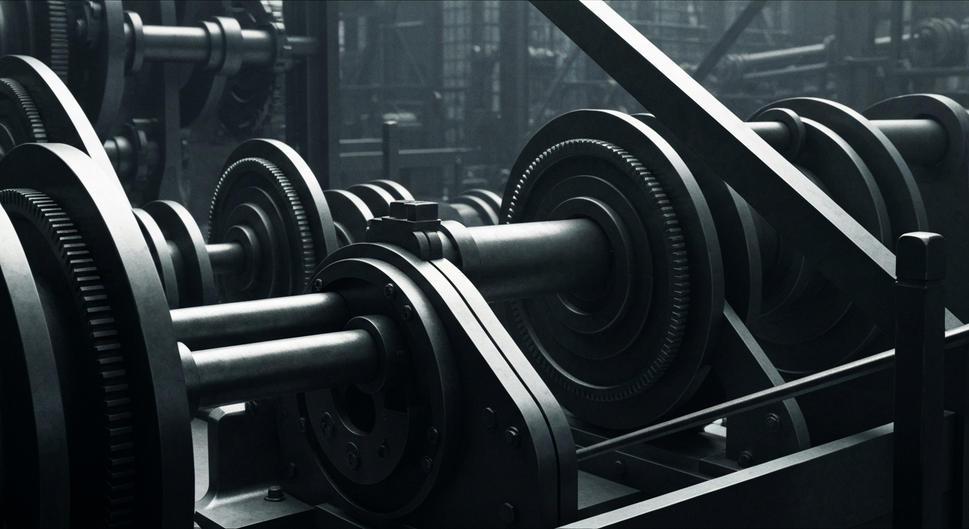 An extreme close-up of the intricate gears, levers, and metal components of a large, industrial banking or financial machine, rendered in high-contrast black and white tones to convey the conceptual idea of the complex economic forces impacting Lumentum's stock price.