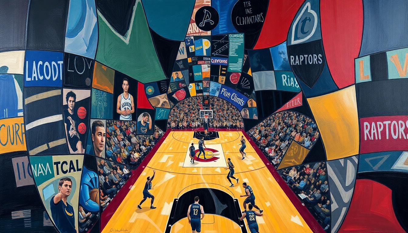 A cubist, geometric painting depicting a basketball game in motion, with players and the court fragmented into sharp, overlapping shapes and planes in a variety of bold colors.