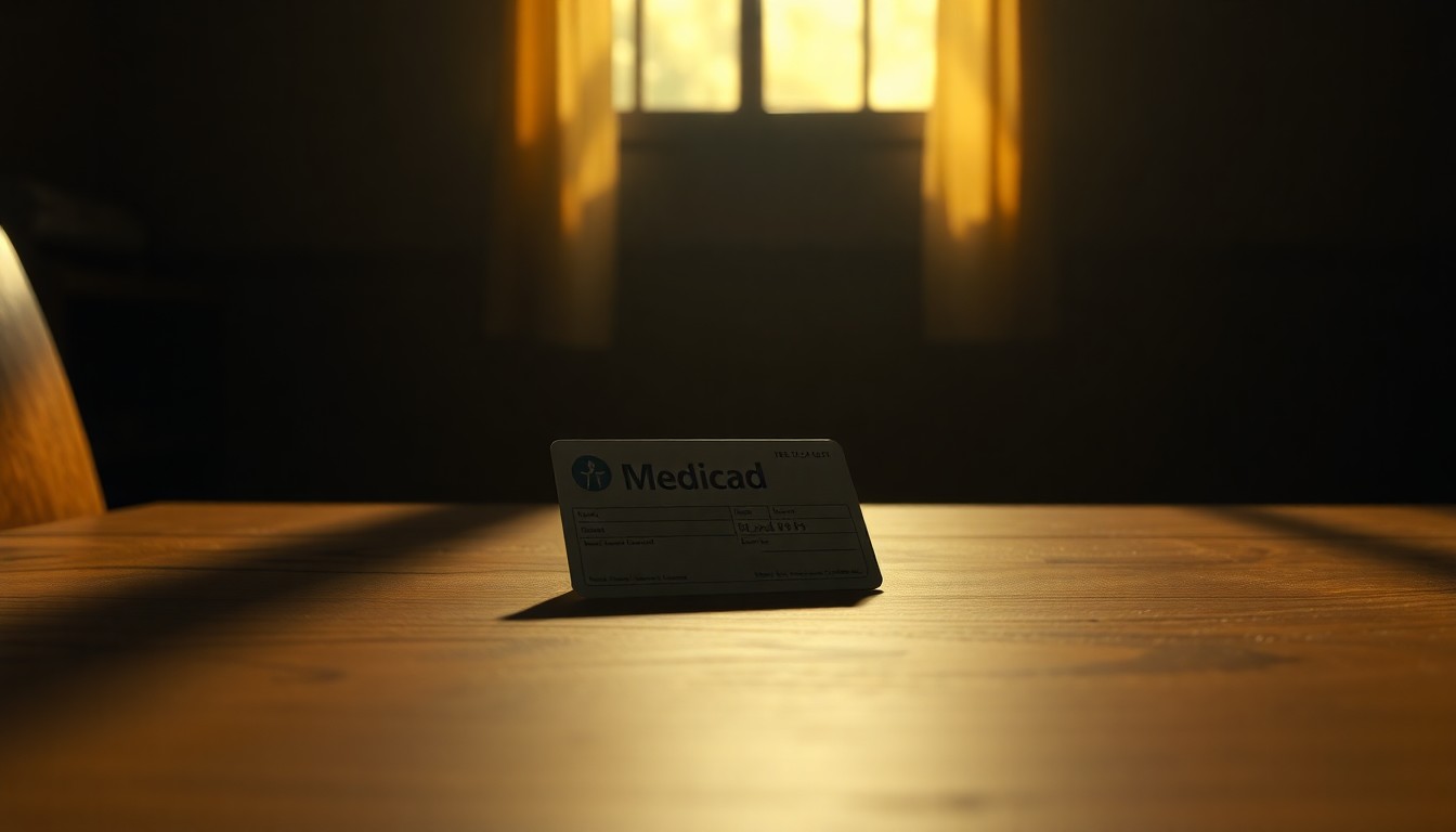 A close-up view of a Medicaid card resting on a wooden table, the card's edges and surface reflecting warm, golden light and deep shadows, conveying a sense of solitude and uncertainty about the future of the program.