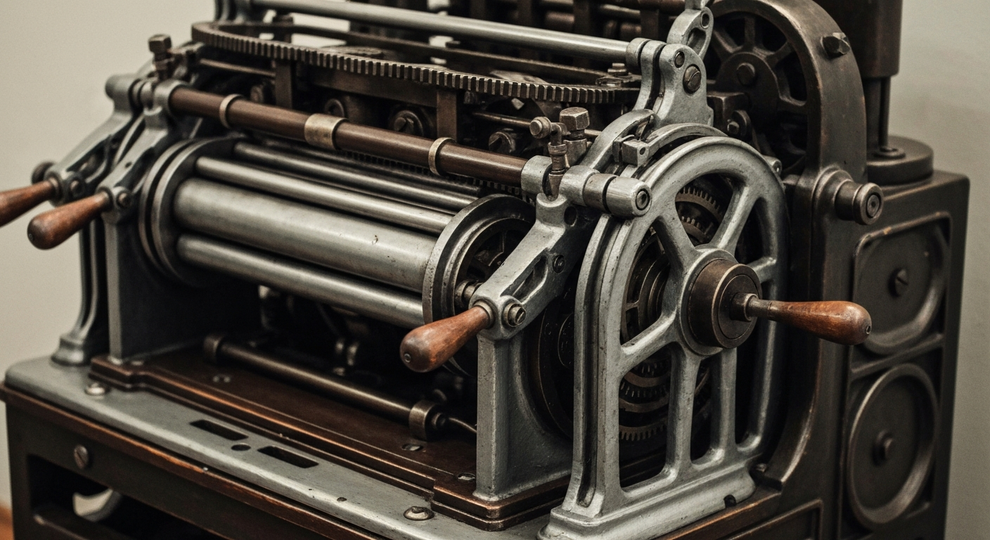 A highly detailed, macro-level view of industrial banking equipment and machinery, conveying the physical, mechanical nature of the financial system without using any literal currency or charts.