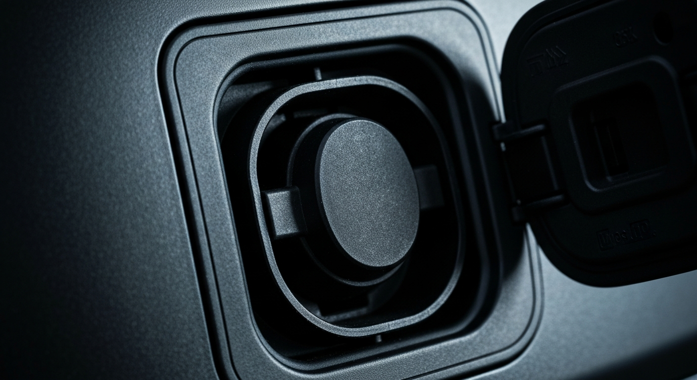 An extreme close-up image showcasing the detailed, textured surface of an electric vehicle charging port, captured in a dramatic, high-contrast lighting style that highlights the intricate materials and engineering of the charging technology.