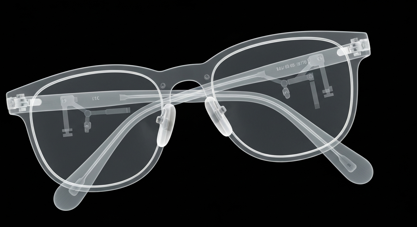 A ghostly, translucent X-ray photograph revealing the intricate internal structure of a pair of eyeglasses, conceptually illustrating the technical complexity of vision care products.