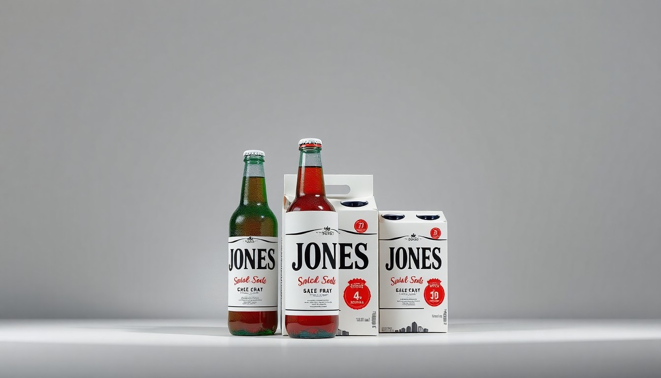 A high-end, photorealistic studio still-life photograph showcasing neatly arranged Jones Soda 4-packs against a clean, monochromatic background, highlighting the premium materials and geometric shapes of the soda bottles and cartons.