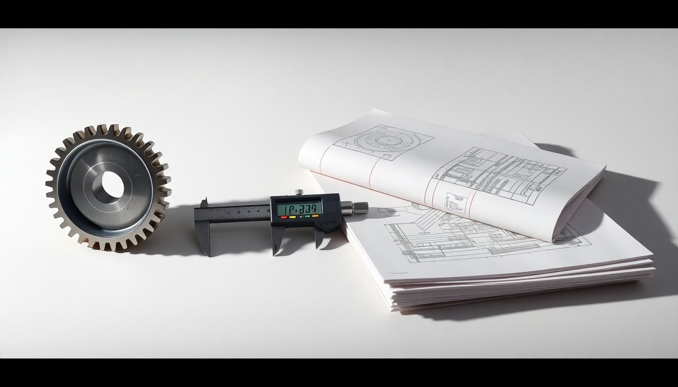 A high-end studio still life photograph featuring a polished metal gear, a precision caliper, and a stack of engineering blueprints arranged elegantly on a clean, monochromatic background, symbolizing the technical precision and expertise of Kennametal's industrial manufacturing solutions.
