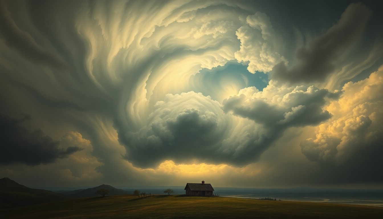 A sweeping, atmospheric landscape painting in muted tones of grey, blue, and green, depicting a massive, swirling storm system dominating the horizon and dwarfing a small farmhouse or barn in the foreground, conveying the overwhelming power and scale of the natural disaster.