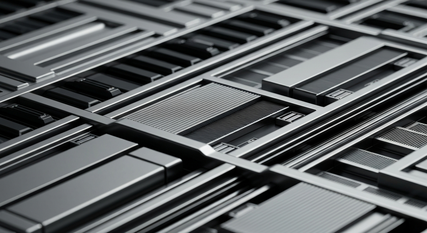 An extreme close-up of various metal and silicon components that make up the internal workings of a computer processor, conveying the complex and industrial nature of Intel's semiconductor manufacturing.