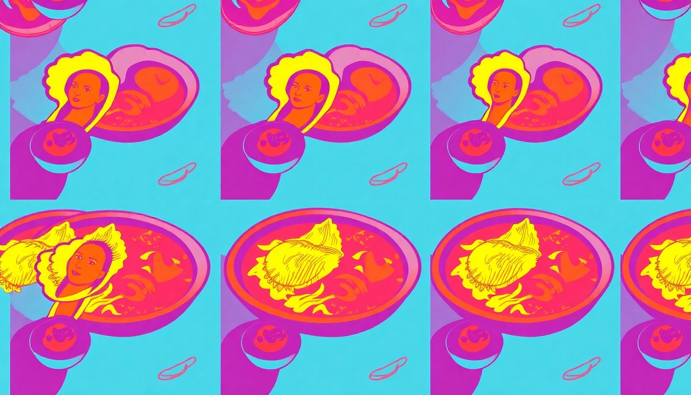 A vibrant, high-contrast silkscreen print featuring a repeated image of a seafood dish, such as a plate of oysters or a bowl of gumbo, in a grid pattern with bold, neon-like colors and heavy black outlines, conceptually representing the popularity and acclaim of a top-rated Oklahoma City restaurant.