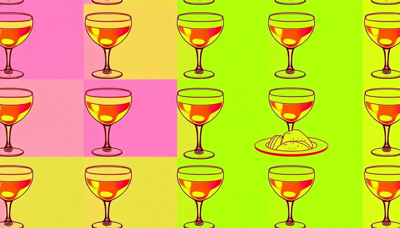 A high-contrast silkscreen print in neon pink, yellow, and blue of a single cocktail glass repeated in a grid pattern, conceptually representing the specialty cocktails available at the new Arrow & Ember restaurant.