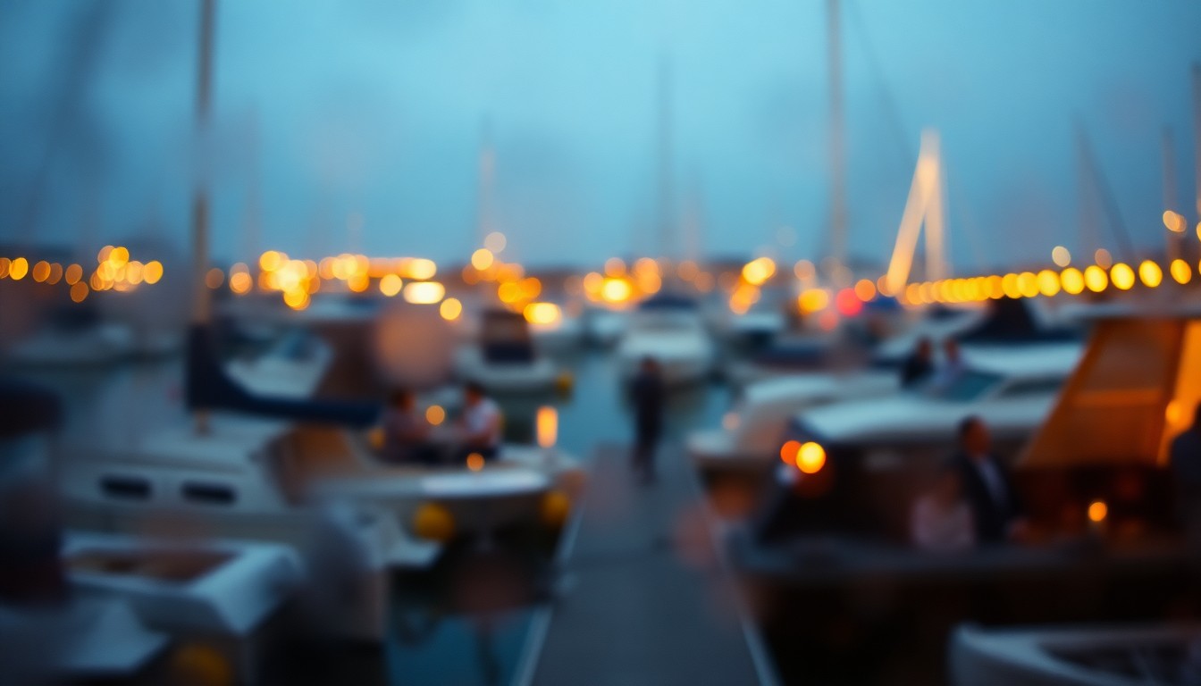 An extremely blurred, atmospheric scene of boats docked at a marina with people dining at waterfront tables, captured in soft, warm pools of light and color to create a dreamlike, immersive mood.