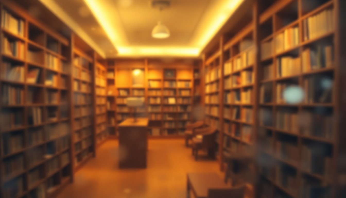 An abstract, impressionistic photograph of a blurred library interior, with soft pools of warm light and color creating a sense of tranquility and contemplation.