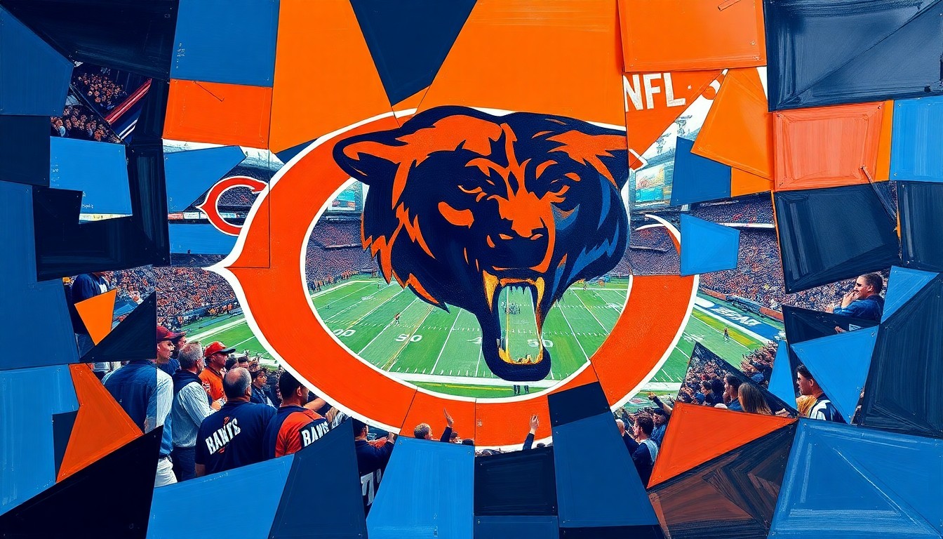 A fragmented, geometric painting in shades of navy blue, orange, and white, depicting a conceptual football scene or draft event, with sharp, overlapping shapes and planes representing the dynamic nature of the upcoming NFL Draft.