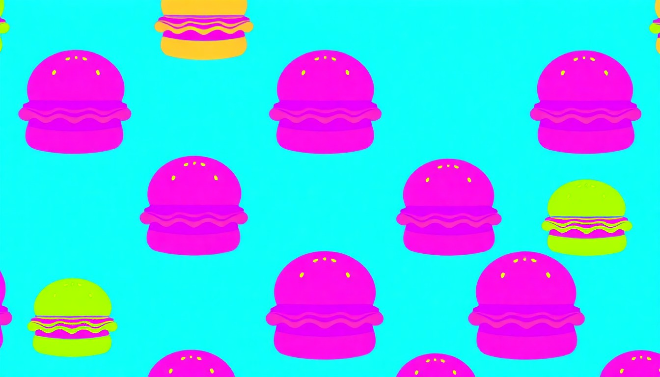 A bold, pop art-inspired illustration featuring a repeated hamburger icon in a grid pattern, using bright neon colors to conceptually represent the energy and diversity of Green Bay's summer festival scene.