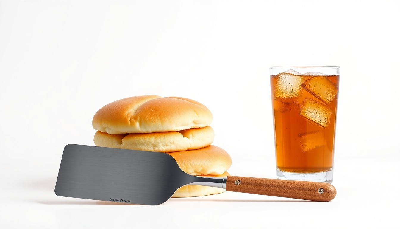 A photorealistic studio still life featuring a stack of fresh burger buns, a stainless steel spatula, and a glass of iced tea, conceptually representing the premium quality and Southern-inspired menu of the new Jack's Family Restaurant location.