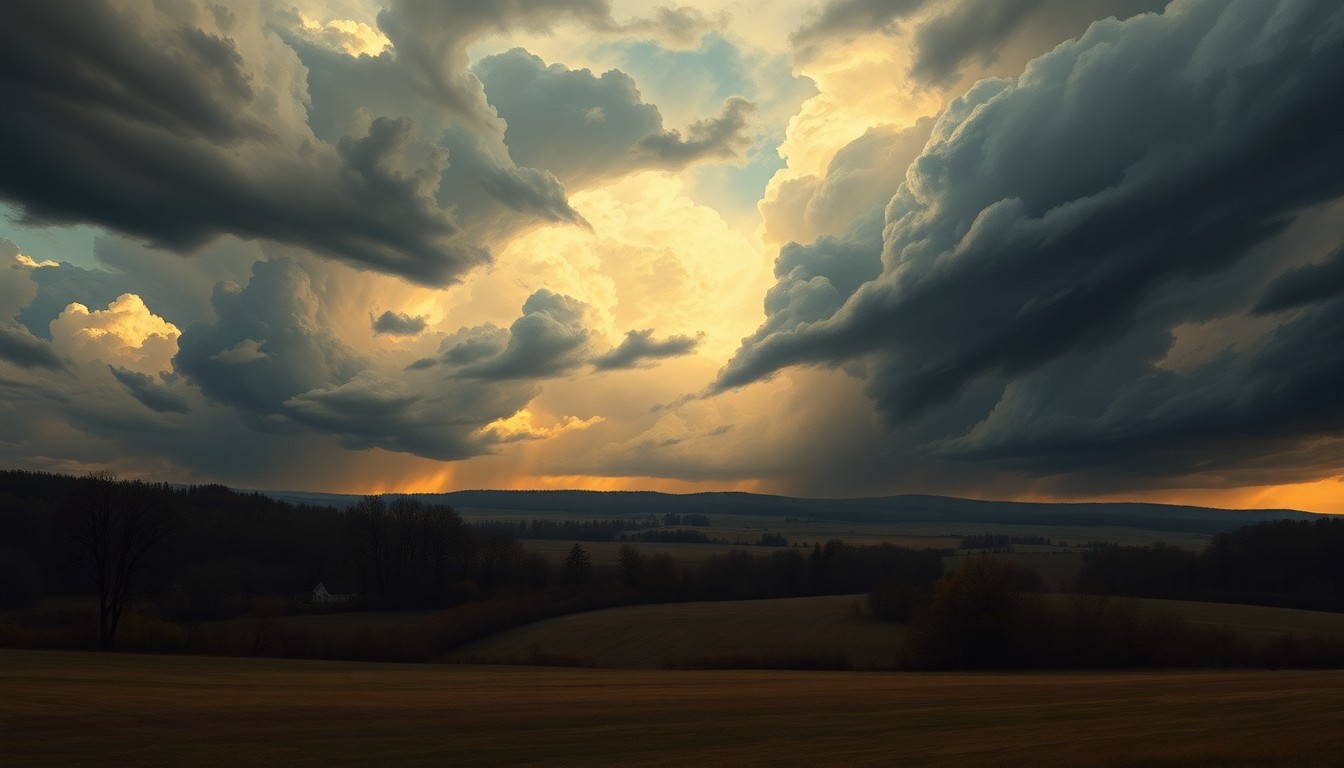 A sweeping, atmospheric landscape painting in muted tones of gray, blue, and green, depicting a vast, stormy sky looming over a rural countryside. The natural elements dominate the scene, with the physical landscape appearing small and insignificant in comparison to the overwhelming power of the weather.