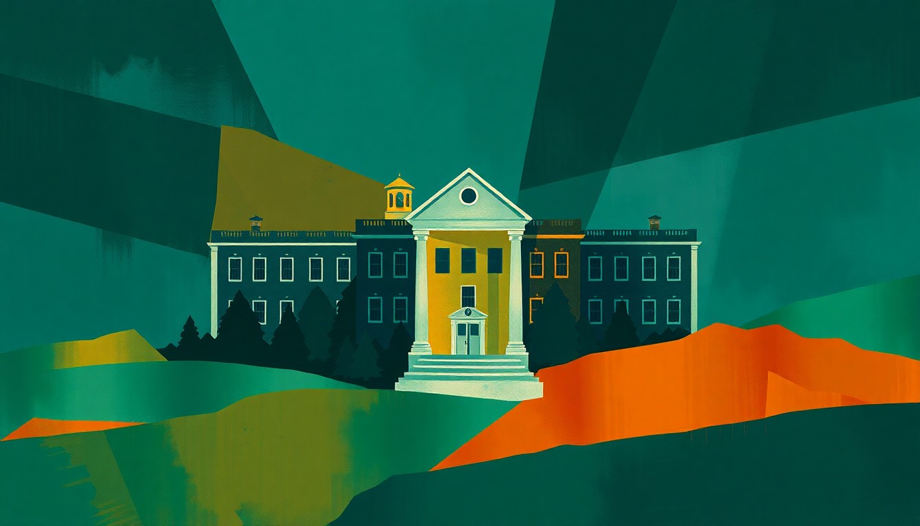 A dynamic, abstract painting featuring overlapping geometric shapes and brushstrokes in shades of blue, green, and orange, conceptually representing the tensions and complexities surrounding the superintendent hiring dispute.