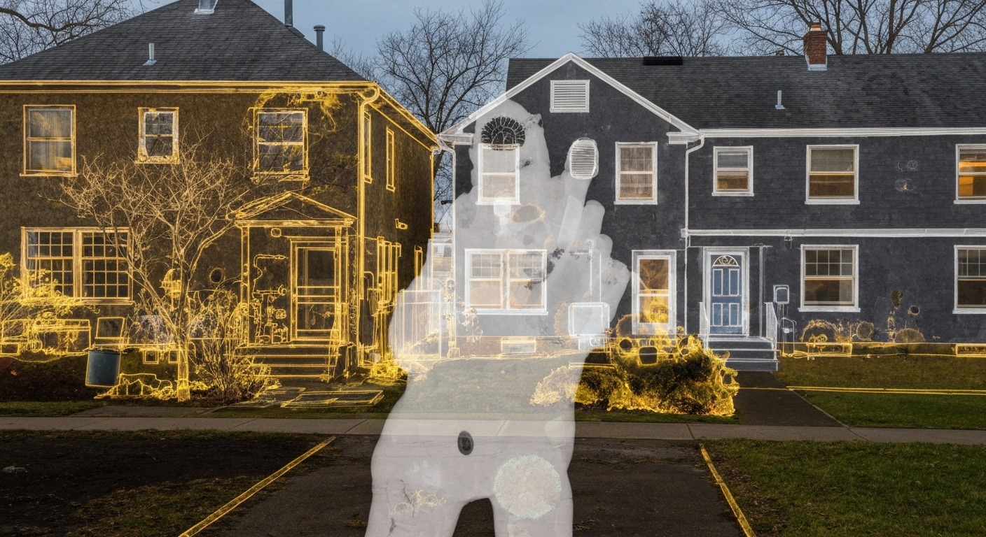 A translucent X-ray photograph revealing the internal infrastructure of a residential neighborhood, with glowing outlines highlighting potential environmental hazards like lead pipes, air vents, and contaminated soil.