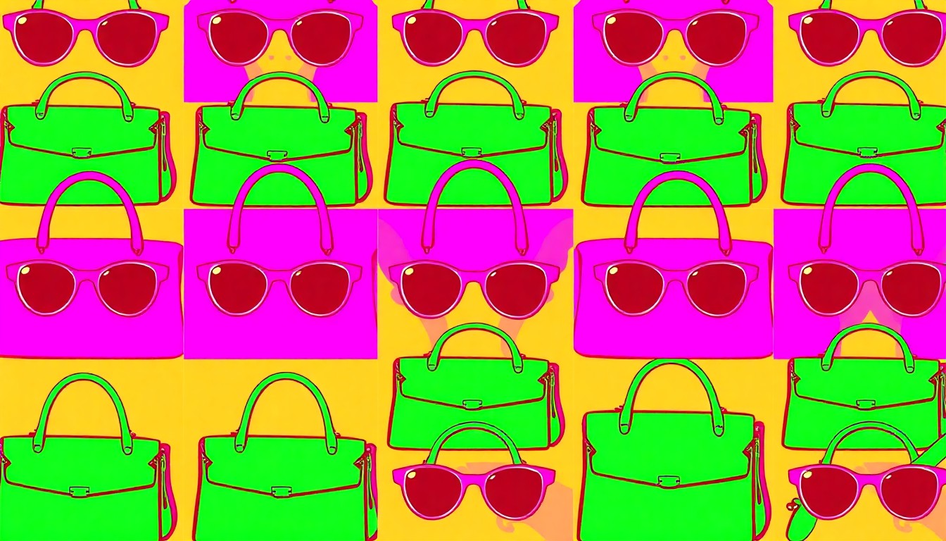 A brightly colored, high-contrast silkscreen print of a single, iconic fashion accessory such as a handbag or pair of sunglasses, repeated in a tight grid pattern in vibrant neon colors and heavy black outlines, conceptually representing the idea of wardrobe editing and refinement.