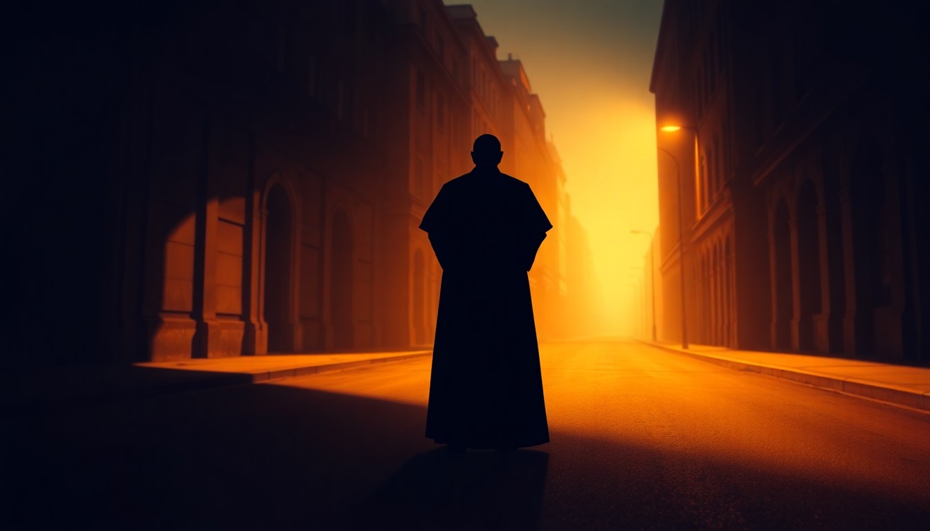 A cinematic, nostalgic painting depicting a solitary, shadowy figure of the Pope standing alone in an empty, dimly lit city street, bathed in warm, diagonal sunlight and deep shadows, conceptually illustrating the moral weight of the Pope's intervention amidst global instability.
