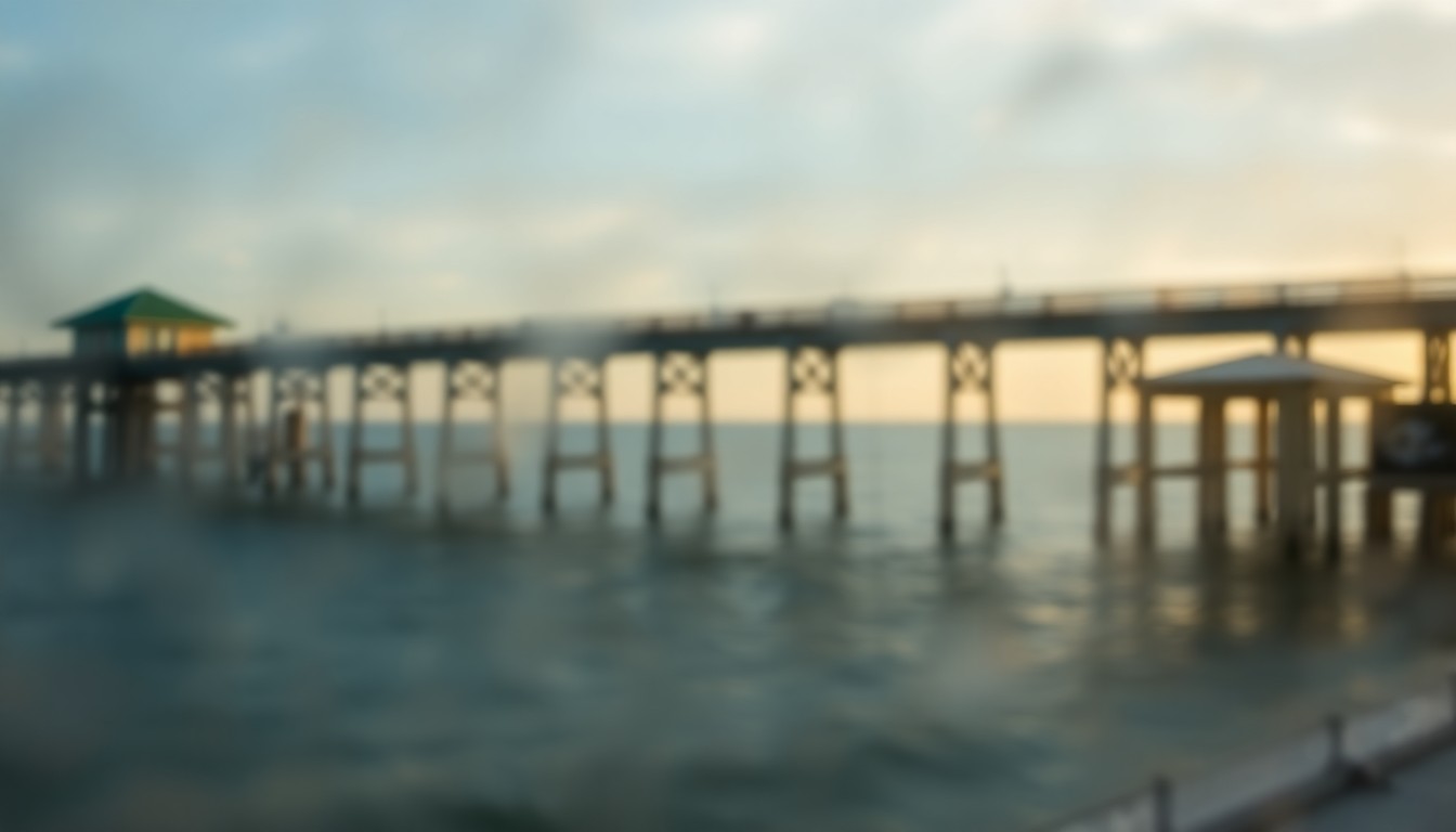 An abstract, impressionistic photograph of a blurred, golden-hued coastal scene, conveying the serene atmosphere of the Sunshine Skyway fishing piers.