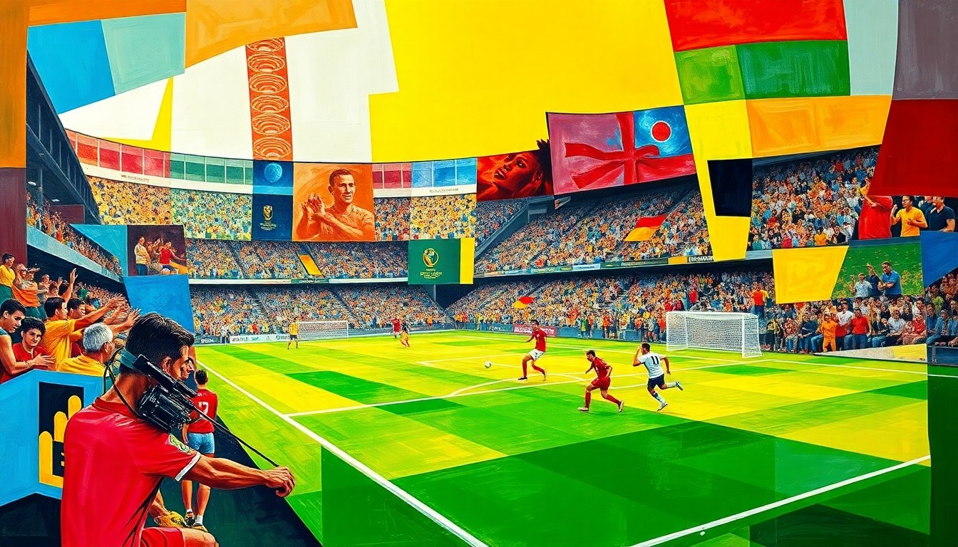 A cubist-style painting depicting a fragmented, geometric view of a soccer match, with overlapping planes of bright red, blue, and yellow, conveying the fractured experience of fans unable to afford tickets to the World Cup.