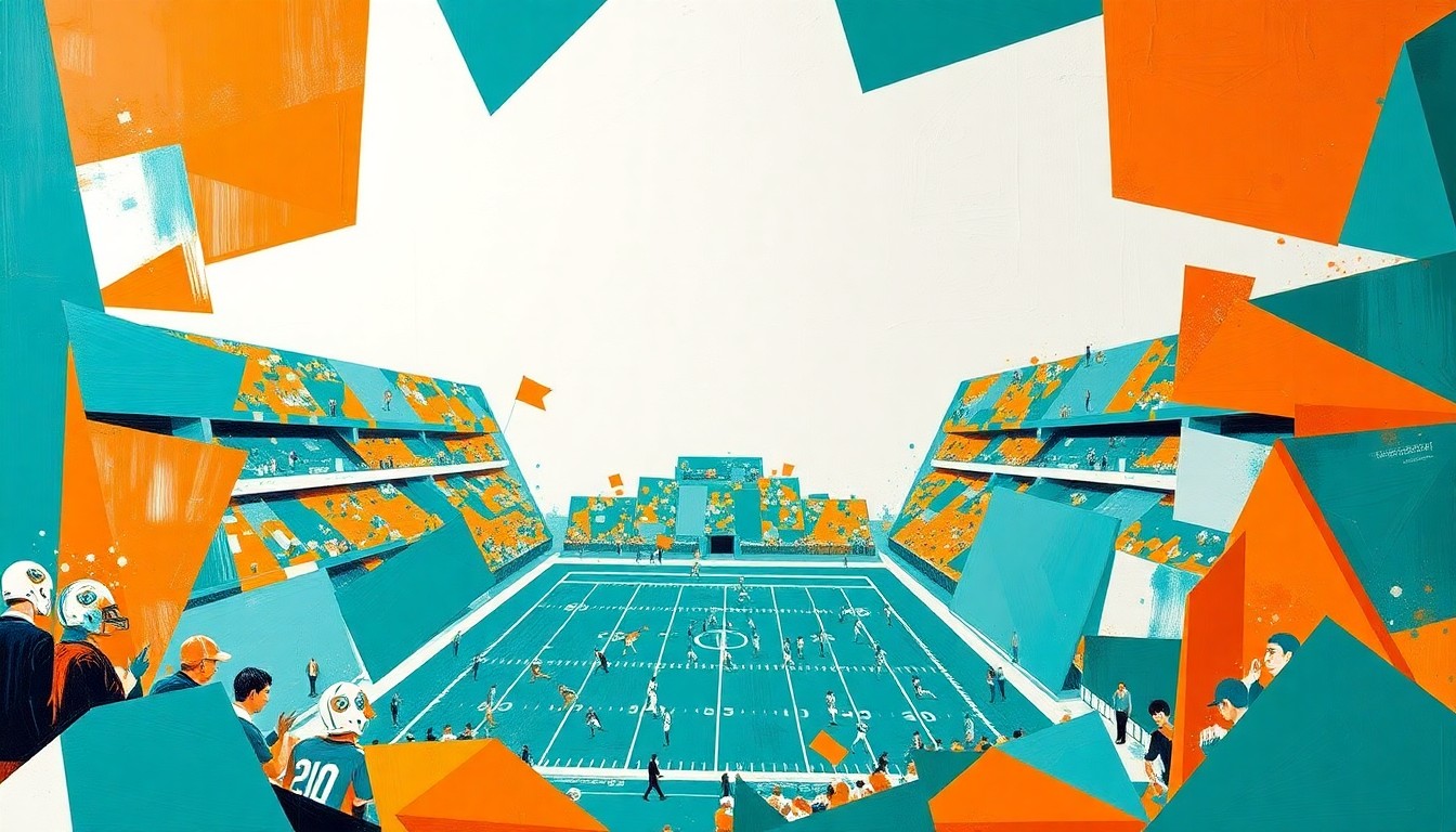 A cubist, geometric painting depicting a Dolphins football game, with sharp, overlapping planes of teal, orange, and white, capturing the energy and movement of the sport.