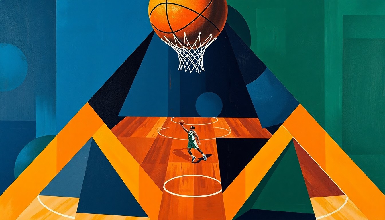 A fragmented, geometric painting in navy, green, and orange hues, depicting a basketball game broken down into overlapping planes, conceptually representing the growth of a young player beyond individual accolades.