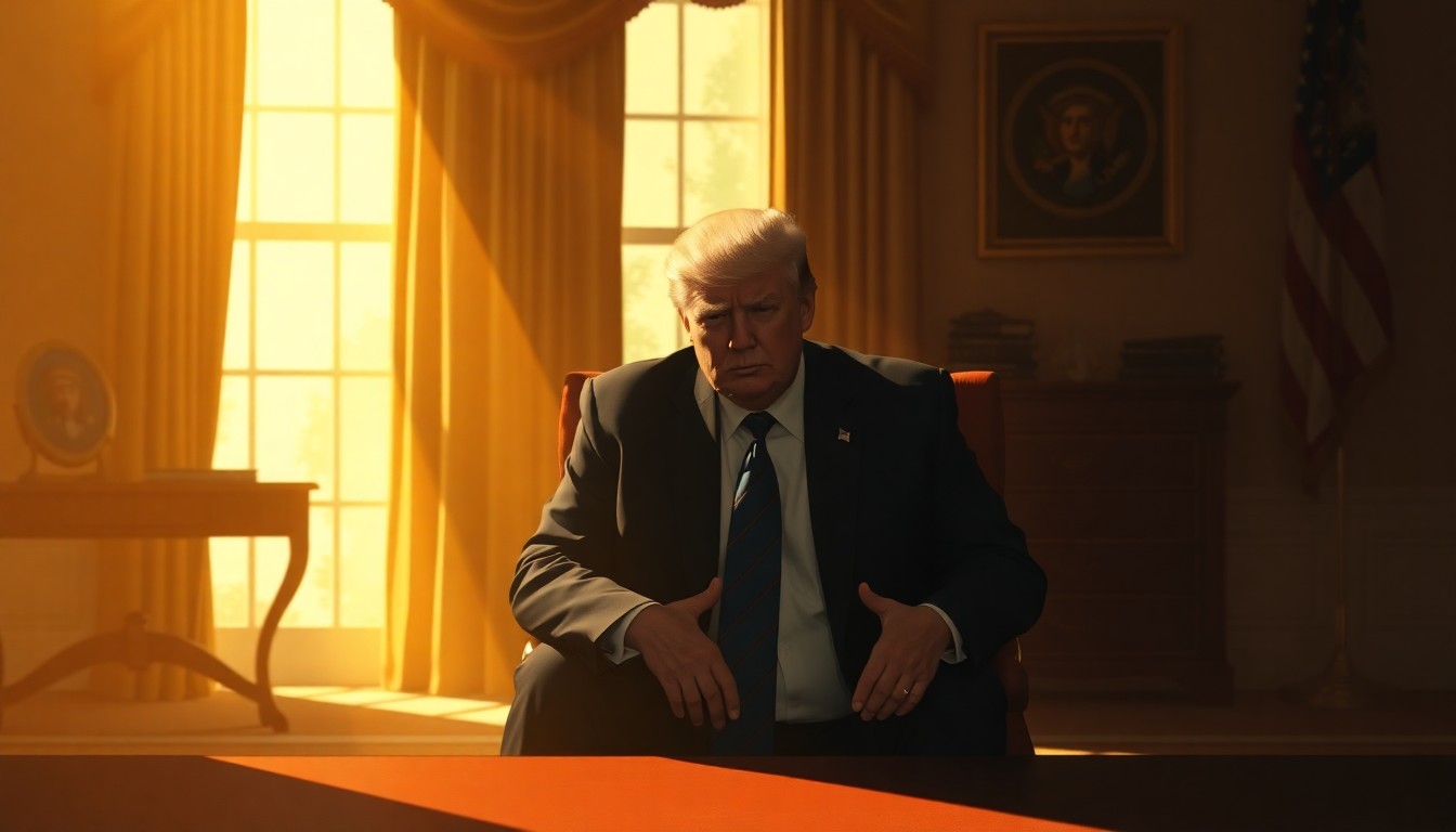 A pensive, solitary figure of President Trump sitting alone in the Oval Office, the warm light and deep shadows creating a cinematic, melancholic mood that reflects the president's apparent cognitive decline and detachment from the unfolding crisis.