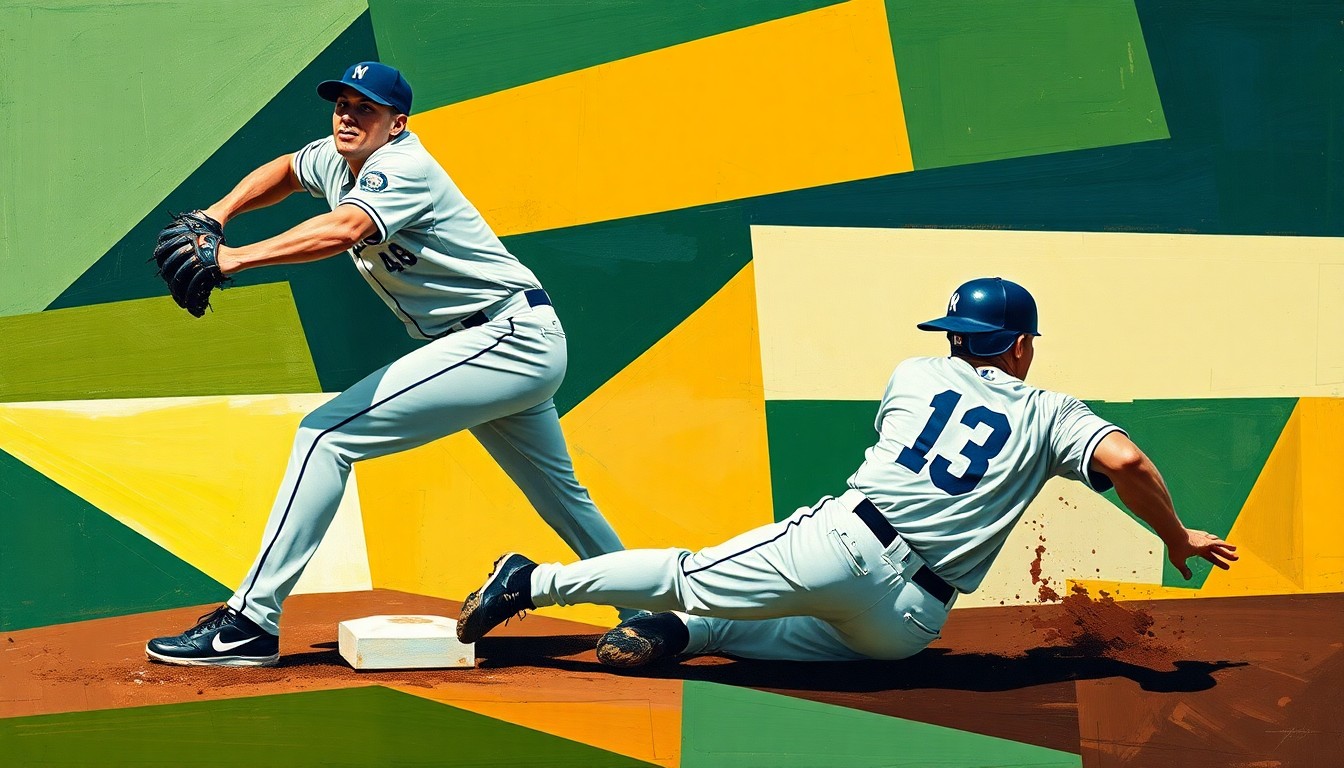 A cubist, geometric painting depicting the fractured motion of a baseball pitcher and a sliding baserunner, rendered in a vibrant color palette, capturing the intelligence and skill behind Maddux's unbreakable base-stealing record.