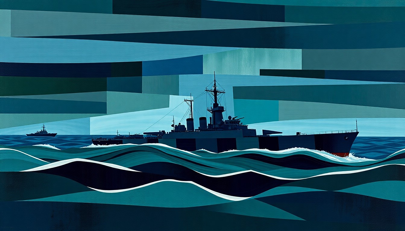 A dynamic, abstract painting of a warship at sea, with overlapping geometric shapes and fractured brushstrokes in shades of blue, gray, and green, conveying a sense of motion and military power.