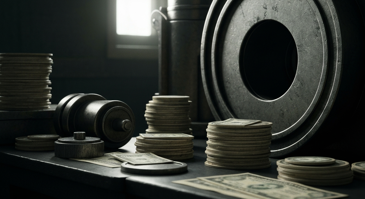 An extreme close-up of gears, levers, and other heavy industrial banking equipment, conveying the tangible mechanics and security of financial institutions.