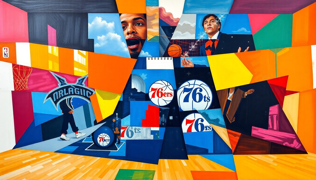 A fractured, multi-perspective painting in bold, geometric shapes and colors, conceptually representing the intensity and unpredictability of a crucial NBA playoff play-in game.