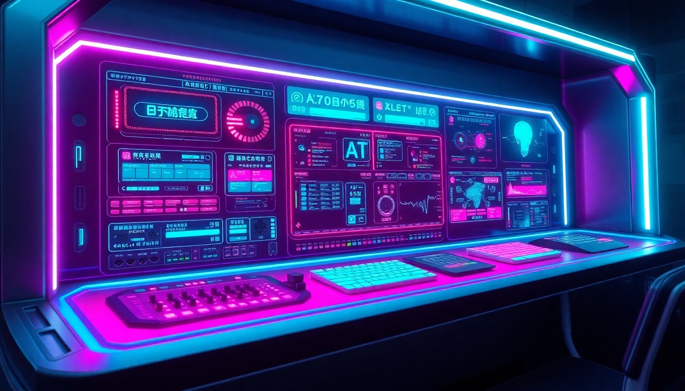 A highly detailed, glowing 3D illustration of a futuristic video production and translation control panel, with neon cyan and magenta lights illuminating the various input/output ports, AI processing units, and holographic display screens. The panel is surrounded by a sleek, metallic frame, conveying a sense of advanced, cutting-edge technology.