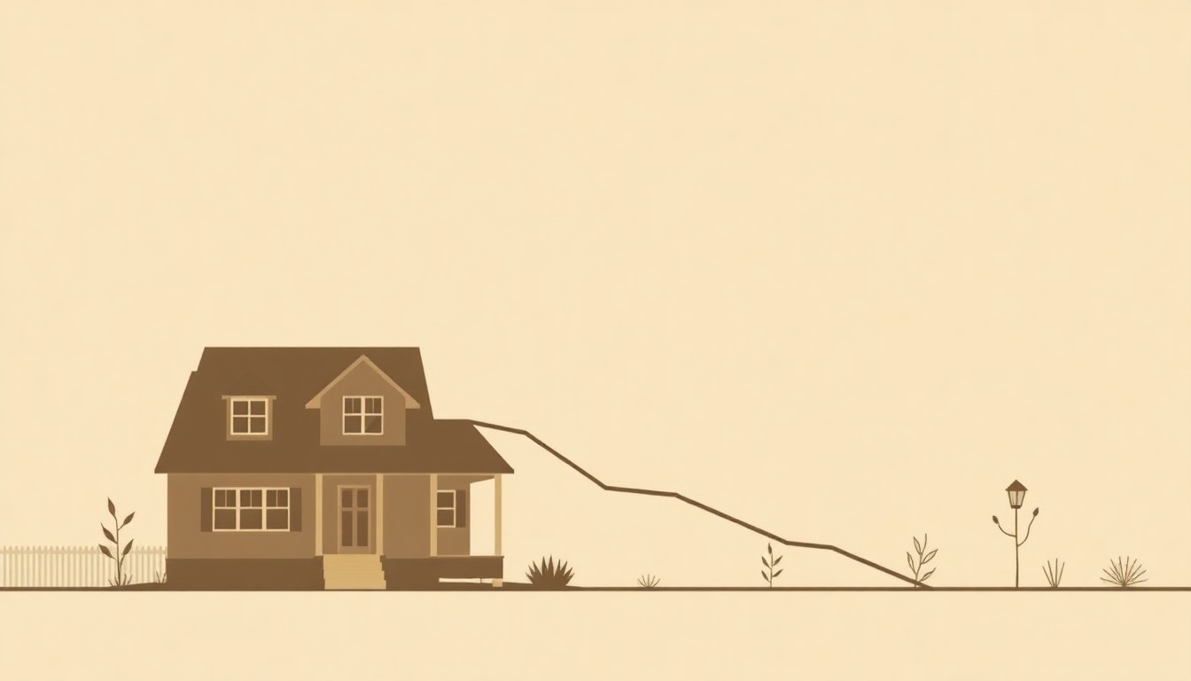 An abstract illustration composed of overlapping triangles and rectangles in shades of brown, gray, and olive green, conceptually representing the decline in Midwest home sales and the economic pressures facing the region.