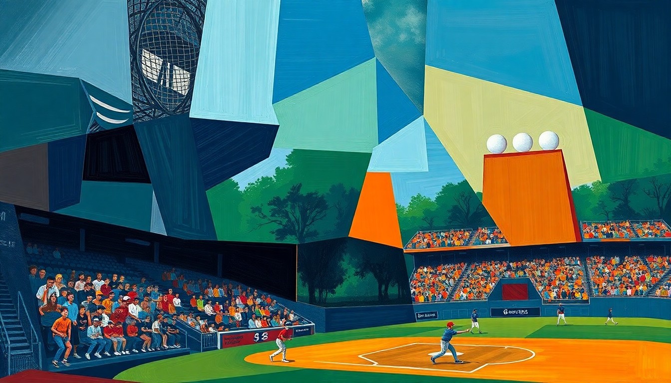 A fractured, cubist-style painting depicting the dynamic action of a high school baseball game, with players and the field broken down into overlapping geometric shapes in a vibrant color palette, conceptually representing the Rough Riders' steady climb to the top of the rankings.