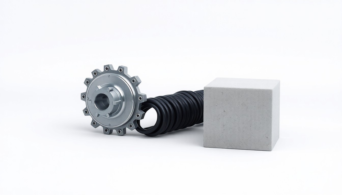 A photorealistic studio still life featuring a polished metal gear, a sleek black electrical conduit, and a smooth concrete cube, arranged elegantly on a clean, monochromatic background to symbolize the industrial infrastructure, energy networks, and construction services provided by Quanta Services.