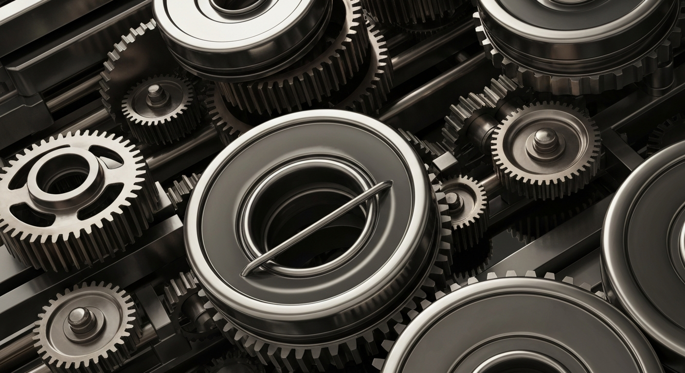 An extreme close-up of intricate, metallic banking machinery and gears, conveying the secure, powerful infrastructure of the financial industry as a conceptual metaphor.