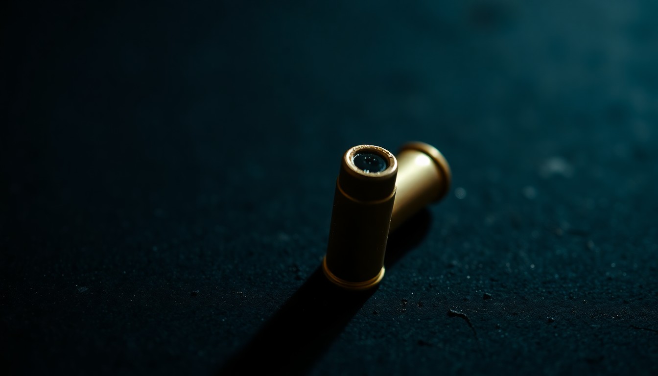 An extreme close-up photograph of a single spent bullet casing on a dark, textured surface, lit by a harsh, direct camera flash, conceptually representing the tragic aftermath of a deadly shooting.