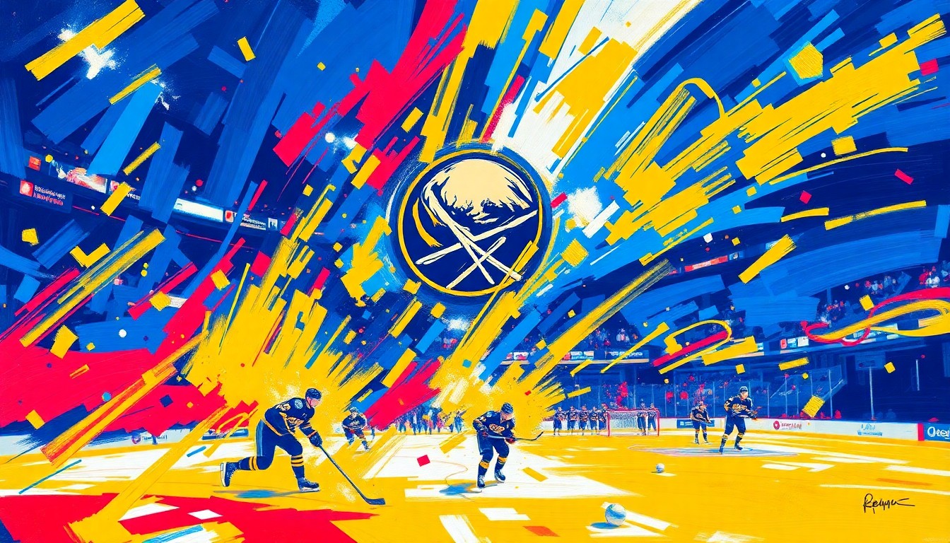 An abstract, expressionist painting featuring bold, energetic brushstrokes in shades of blue, gold, and white, capturing the raw emotion and excitement of a hockey playoff game.