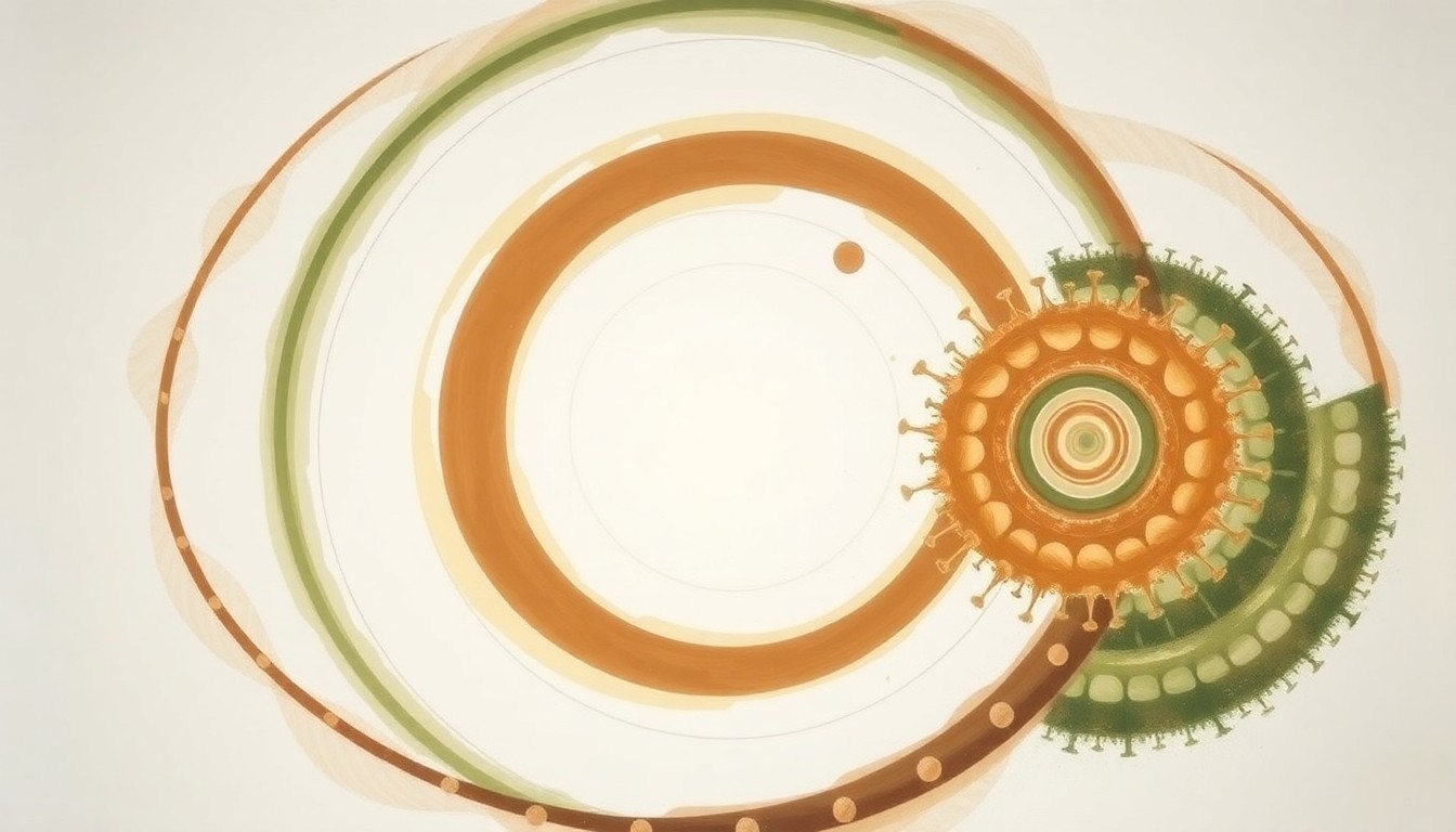 A highly structured abstract painting in muted earth tones, featuring sweeping geometric arcs, concentric circles, and precise botanical spirals, conceptually representing the complex molecular interactions between the avian influenza virus and a natural antiviral compound.
