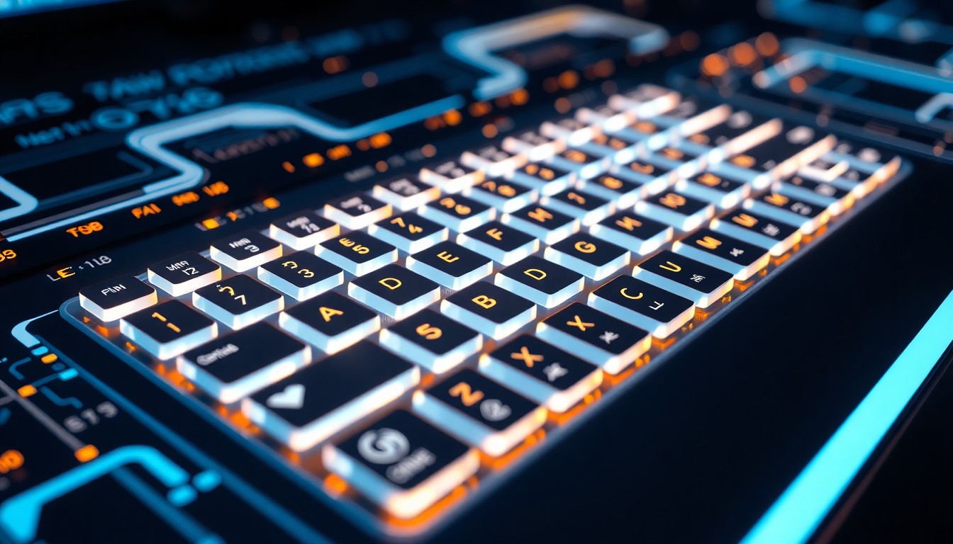A highly detailed, glowing 3D illustration of a futuristic, illuminated computer keyboard with Spanish and Catalan characters, representing the advanced digital infrastructure powering Mecanografia's typing training platform.