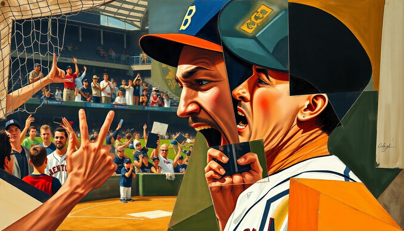 A cubist-style painting featuring fragmented, overlapping geometric shapes in shades of blue, red, and yellow, conceptually representing the emotional turmoil of a baseball player reacting to a fan's hurtful taunt.