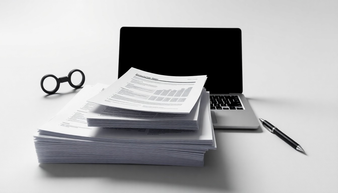A minimalist studio still life featuring a stack of financial reports, a laptop, and a pen arranged on a clean white background, conceptually representing the abstract corporate strategy and finance behind Ziff Davis' quarterly earnings.