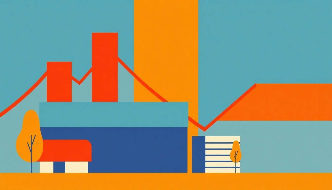 A vibrant abstract composition of overlapping triangles and rectangles in shades of blue, red, and yellow, conveying the idea of economic change and growth without literal depictions.