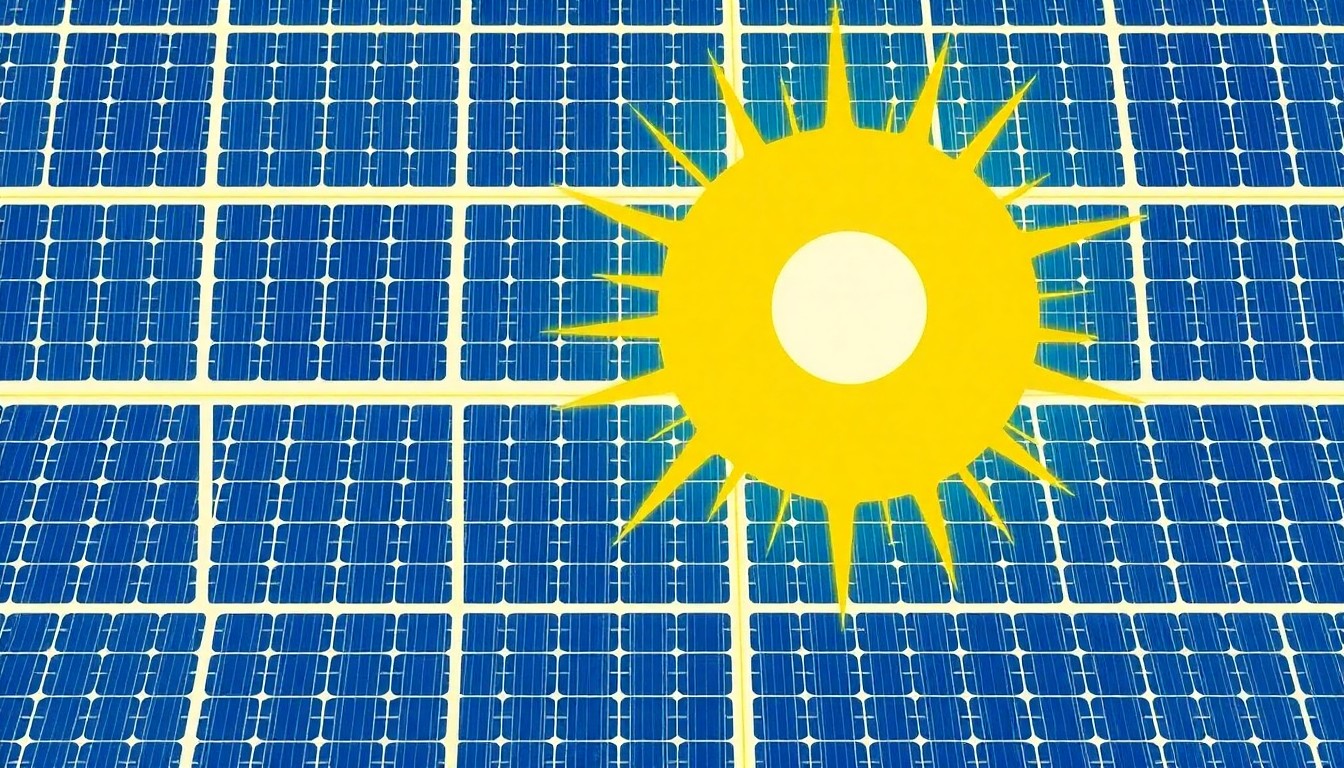 A vibrant, high-contrast silkscreen print of a solar panel icon repeated in a grid, conceptually representing the expansion of sustainable energy sources in Wheaton's public spaces.