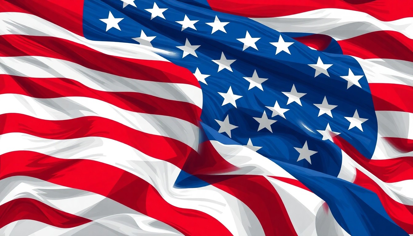 A dynamic, abstract painting featuring a distorted American flag breaking apart into overlapping, geometric waves of red, white, and blue, conveying a sense of political turmoil and disunity.