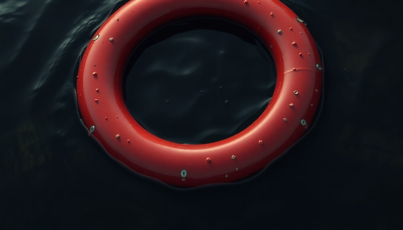 An extreme close-up photograph of a bright orange life preserver ring floating in dark, choppy river water, conveying the dramatic urgency of the river rescue.