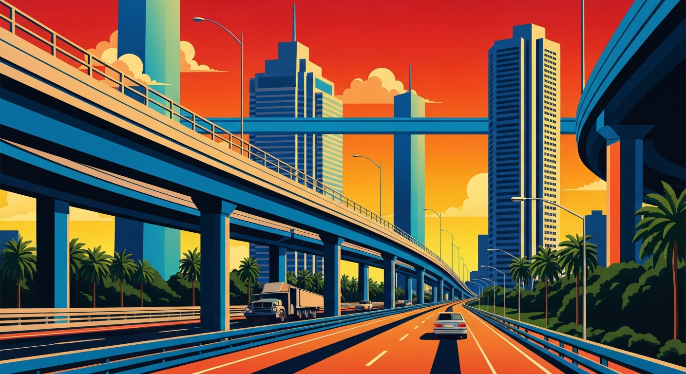 A highly stylized, geometric illustration depicting the sweeping curves and towering scale of a major highway interchange, with smooth gradients of color and a sense of movement and disruption, conceptually representing the impact of a traffic incident on the city's transportation network.