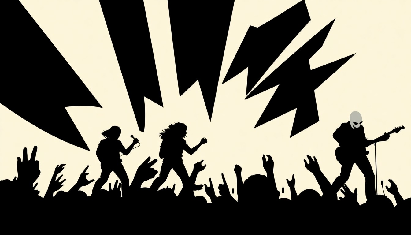 A striking abstract composition of jagged black shapes and bold, contrasting colors, conceptually representing the energy and chaos of a punk rock performance.