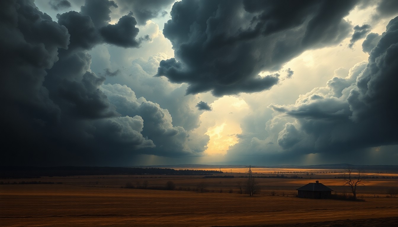 A sweeping, atmospheric landscape painting in muted earth tones, with dramatic storm clouds looming over a vast, rural countryside, dwarfing any visible structures or objects.